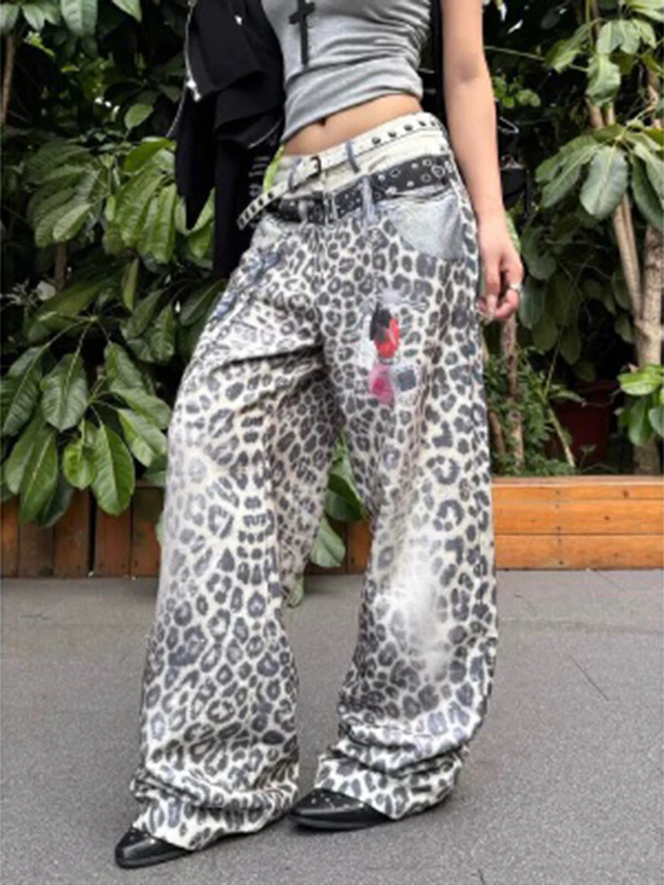 Y2K Pantalones con estampado de leopardo Pantalones vaqueros retro americanos unisex Ropa de calle de pierna ancha con doble cintura