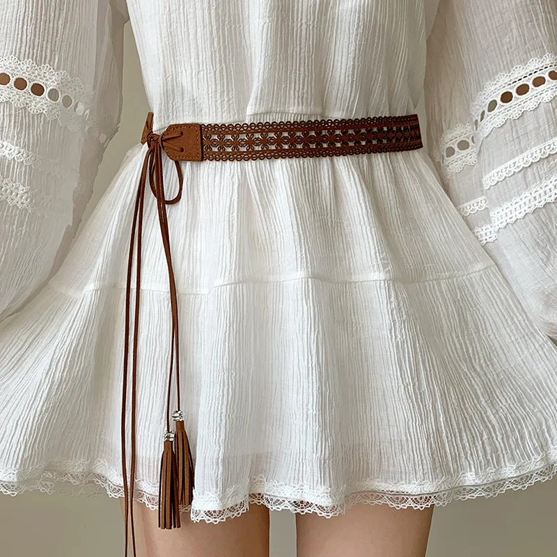 Braided Wide Belt for Women Fringe Decor Coffee Beige Khaki Boho Style Dress Accessory Belt