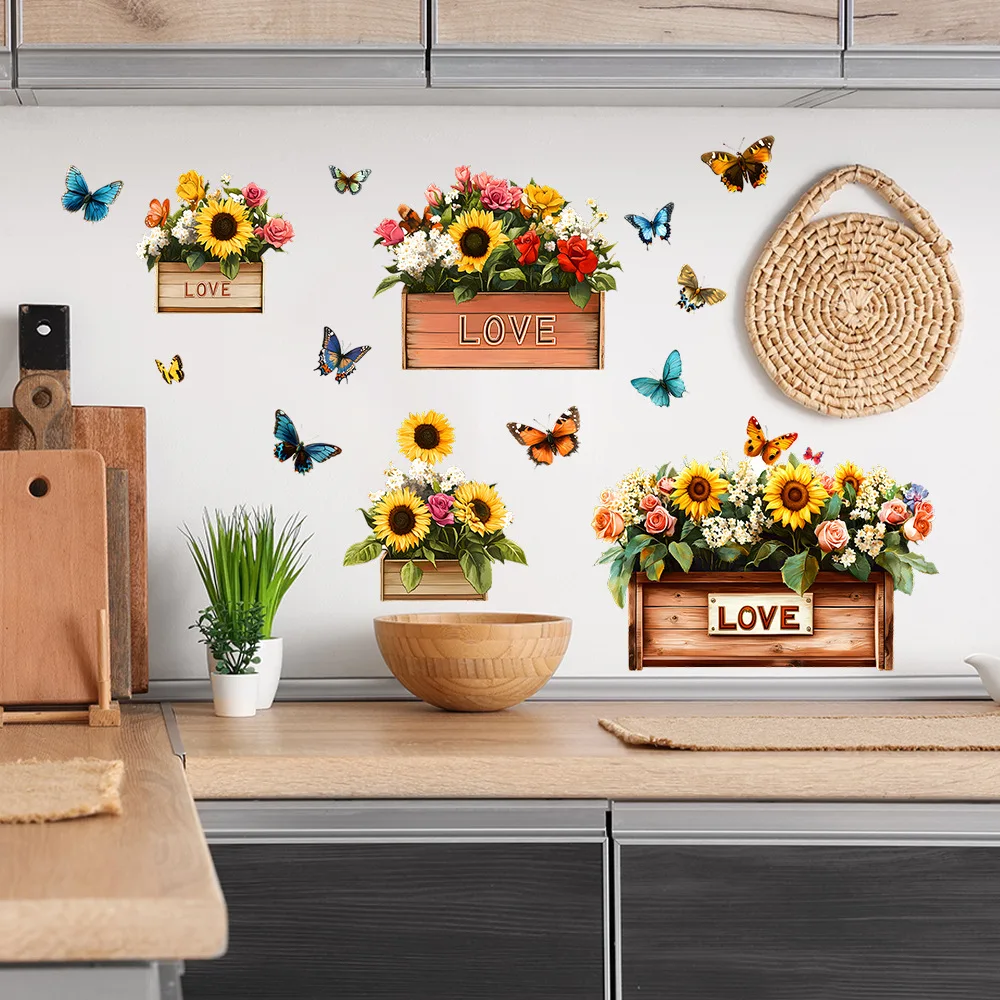 Painted Flower Box Sunflower Butterfly Wall Stickers Bedroom Living Room Wardrobe Furniture Home Decor Window Decals view 5