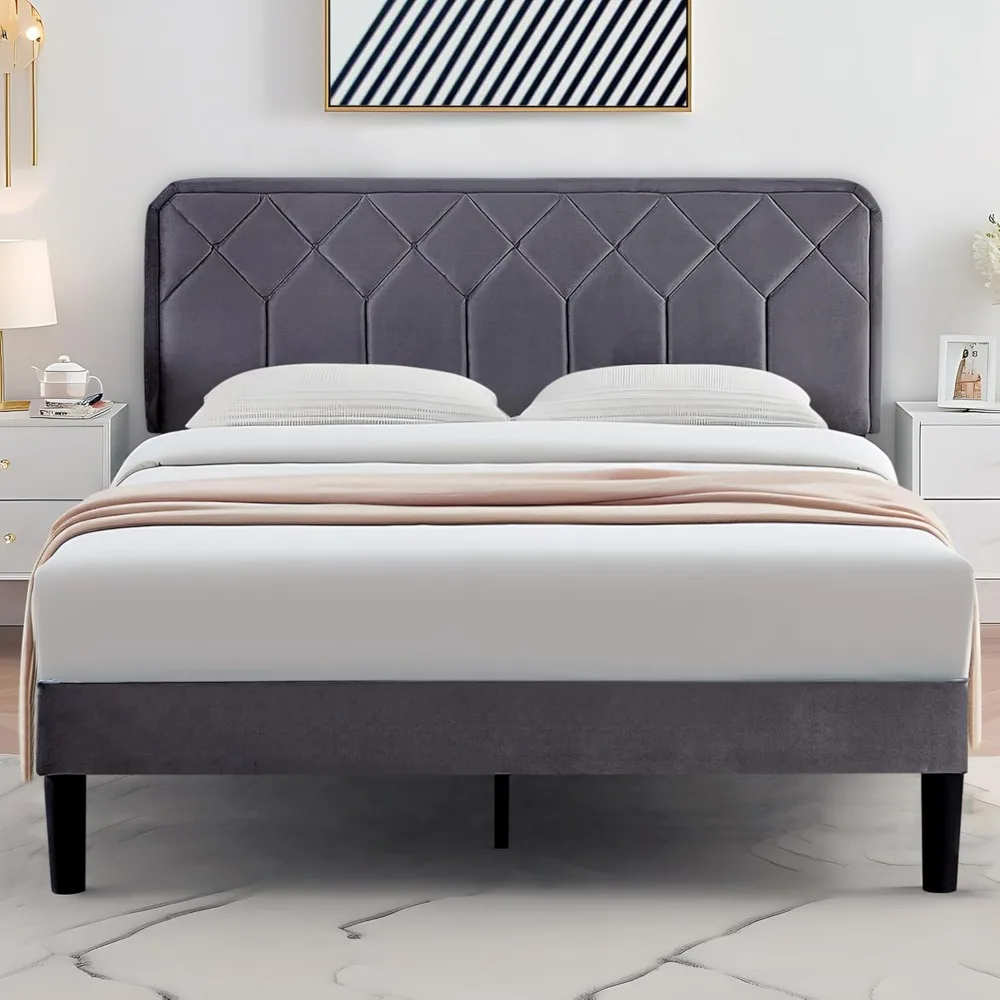 

Bed. Queen Size Bed Frame, Velvet Upholstered Platform with Adjustable Headboard, Mattress Foundation with Solid Wood Slats