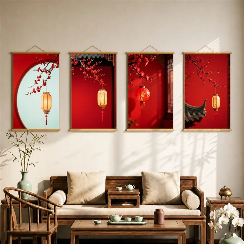 Wall Art Red Wall Plum Blossoms and Lanterns, Oriental Festive Pearlescent Canvas Hanging Scroll with Wooden Rods for Entryway