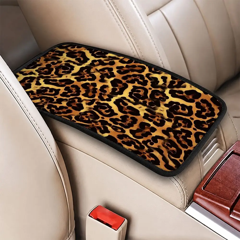 Coussin d'accoudoir universel pour console centrale de voiture, motif léopard marron doré, housse de repose-coude en peluche pour l'aménagement intérieur du véhicule