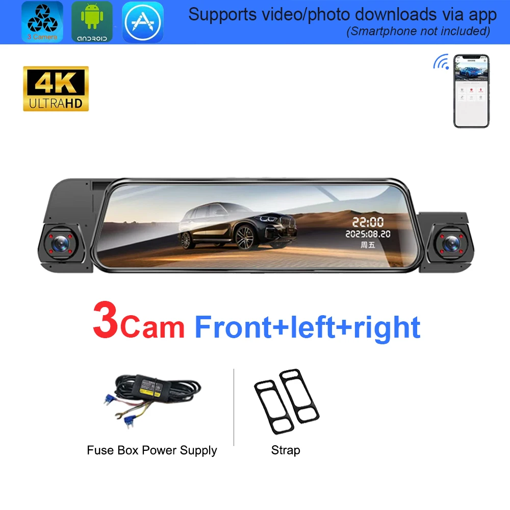 4-kanaals streaming dashcam met 4 camera's, app-besturing, 24-uurs parkeermodus, bewegingsdetectie, G-sensor, loop recording, time lapse, WDR