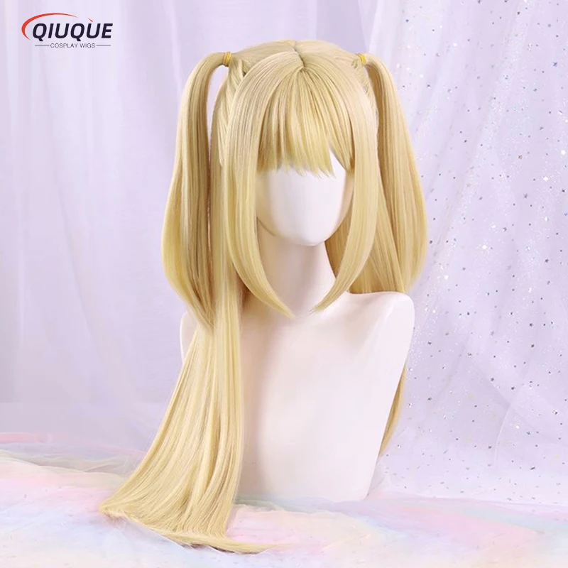 Peluca de Cosplay de Anime MisaMisa Misa Amane, pelo largo Rubio de doble cola, resistente al calor, pelucas de fiesta de Halloween + gorro de peluca