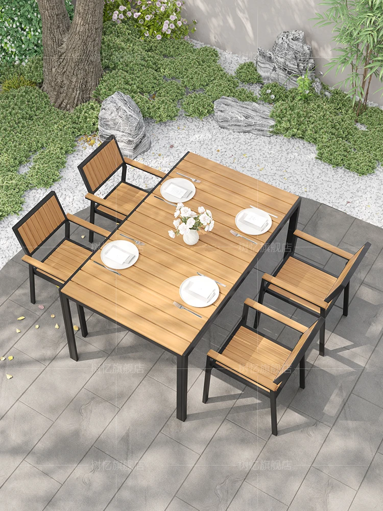 

Courtyard Table and Chair Outdoor Dark Plastic Wood Waterproof and Sun Protection Garden Leisure Outdoor Terrace Villa Dining