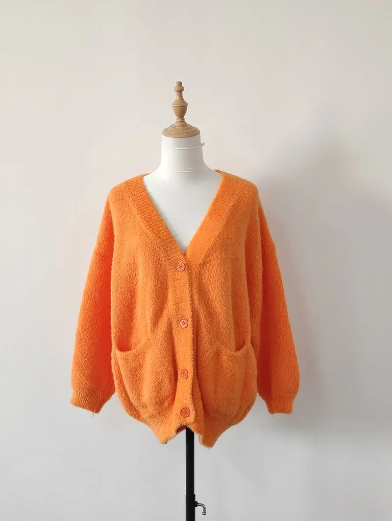 Korean Retro Orange Knit Cardigan Women V-neck Fashion Soft Single Breasted Temperament Gentle Solid Winter female Sweater Coat