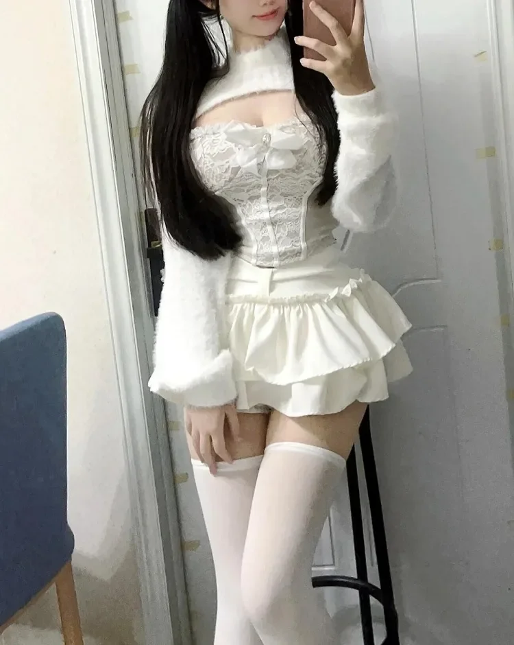 Vrouwen Grunge Pak Y2k Esthetische Crop Trui + Kant Sexy Strik Vest + Verstoorde Mini Taart Rokken Lolita Outfit Kawaii 3-delige Set