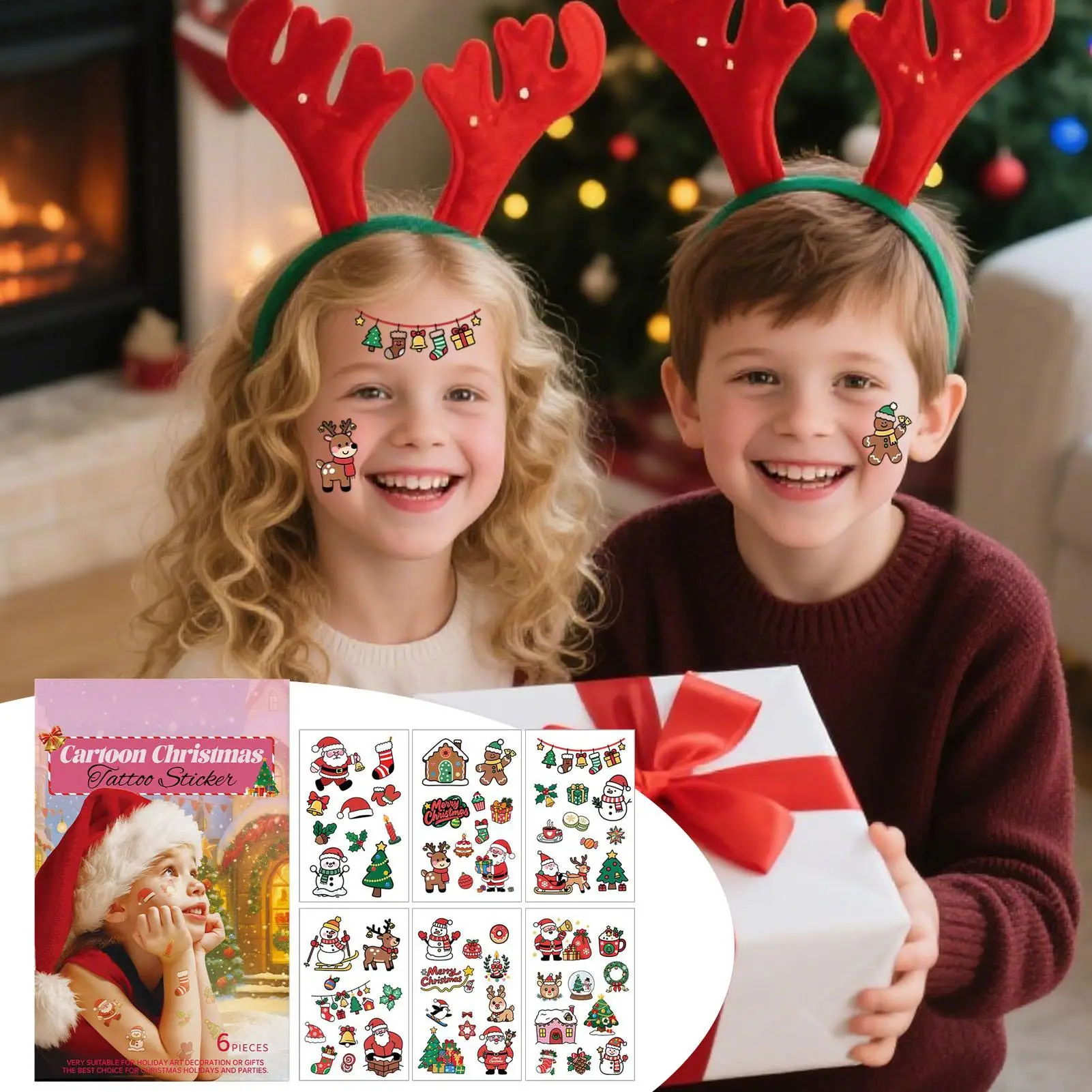 Adesivo temporário de natal para crianças, 6 peças, adesivos de rosto de natal, desenho falso, à prova d'água, arte corporal, santa, rena, floco de neve