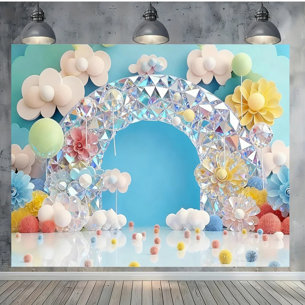 Rainbow Crystal Texture Happy Birthday Vinyl Backdrop Background with Clouds Flowers Dreamy Colorful Fairy Tale Theme Party