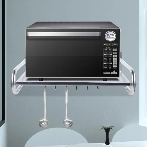 Support de rangement de cuisine 30 kg en acier inoxydable, support mural pour micro-ondes avec 6 crochets pour cuisine/salon/restaurants/salle de bain
