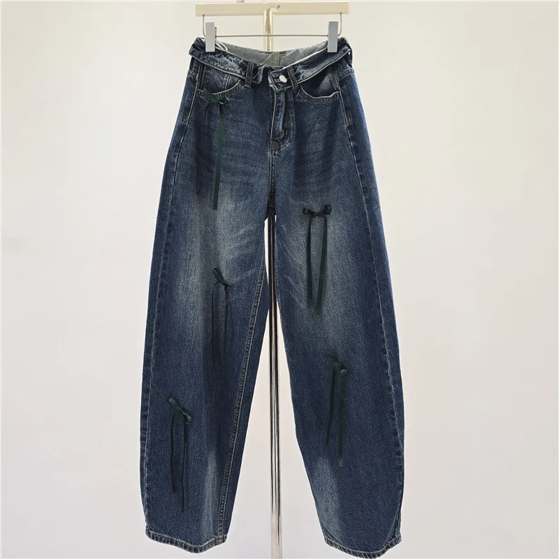 Ribbon Bow Decoration Denim Pants for Women Vintage Washed Flip Waist Design Wide Leg Jeans Street Style Trend Loose Trousers