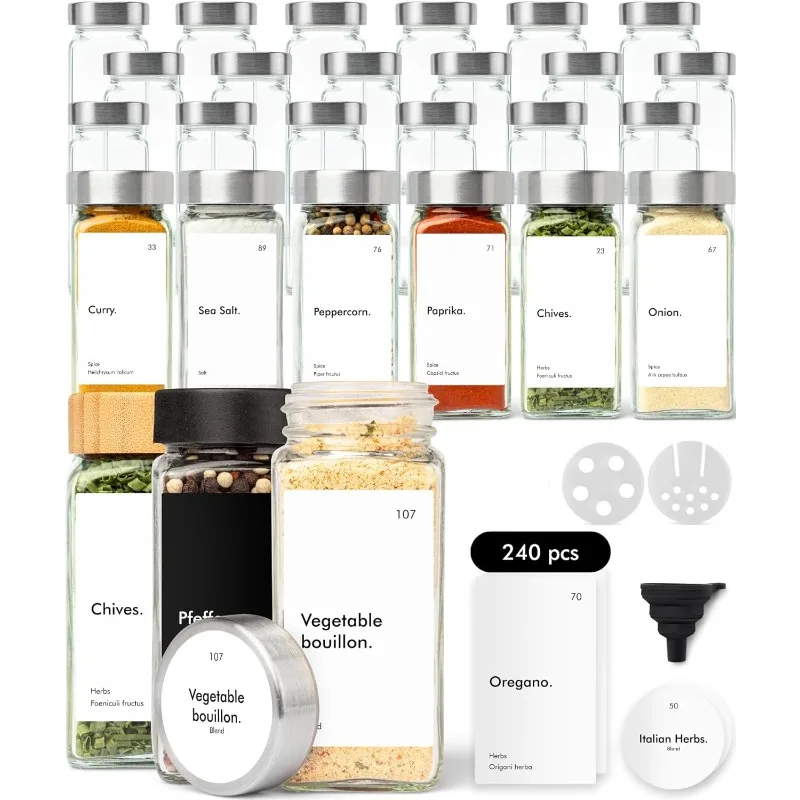 

KIVY Glass Spice jars with Label & Shaker Lids [24x 4oz] Airtight Seasoning Containers for Cabinet & Drawer - Empty Spice Bottle