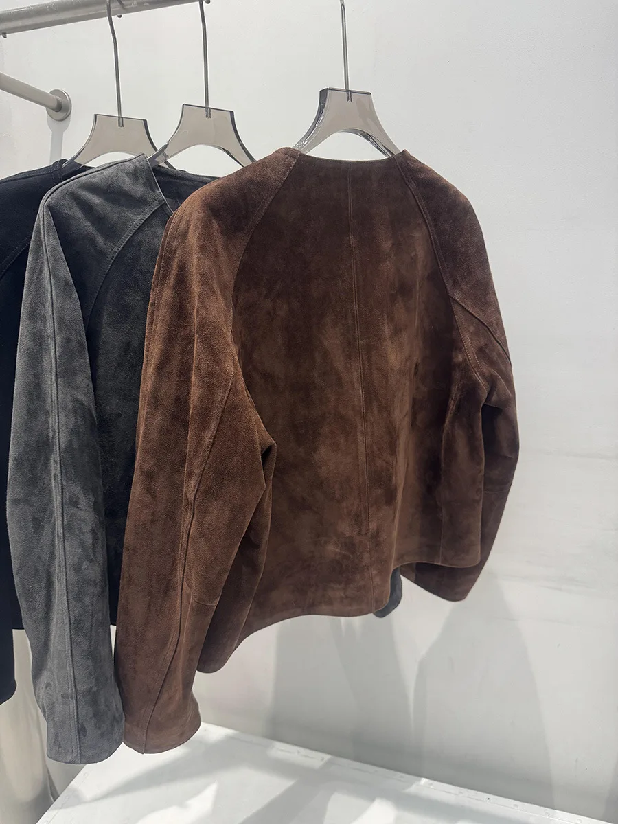 Herfst/winter minimalistische vintage geitenleer suède leren jas met ronde hals voor dames