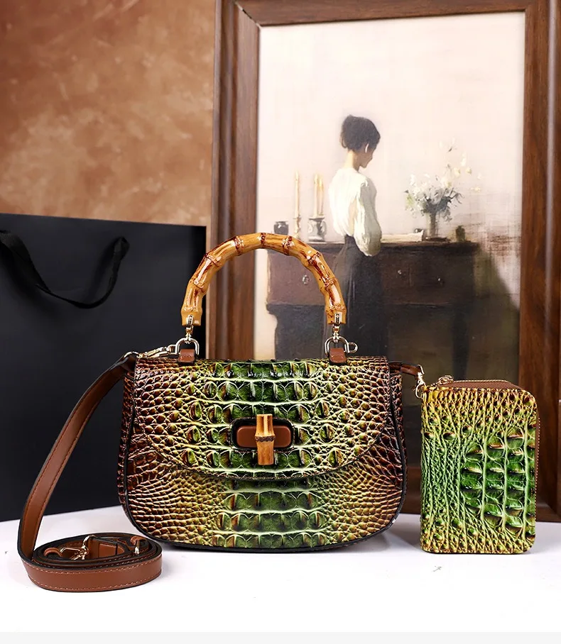 

Новая модная женская сумка-кроссбоди из крокодиловой кожи 2025 года с бамбуковой ручкой, универсальная сумка через плечо