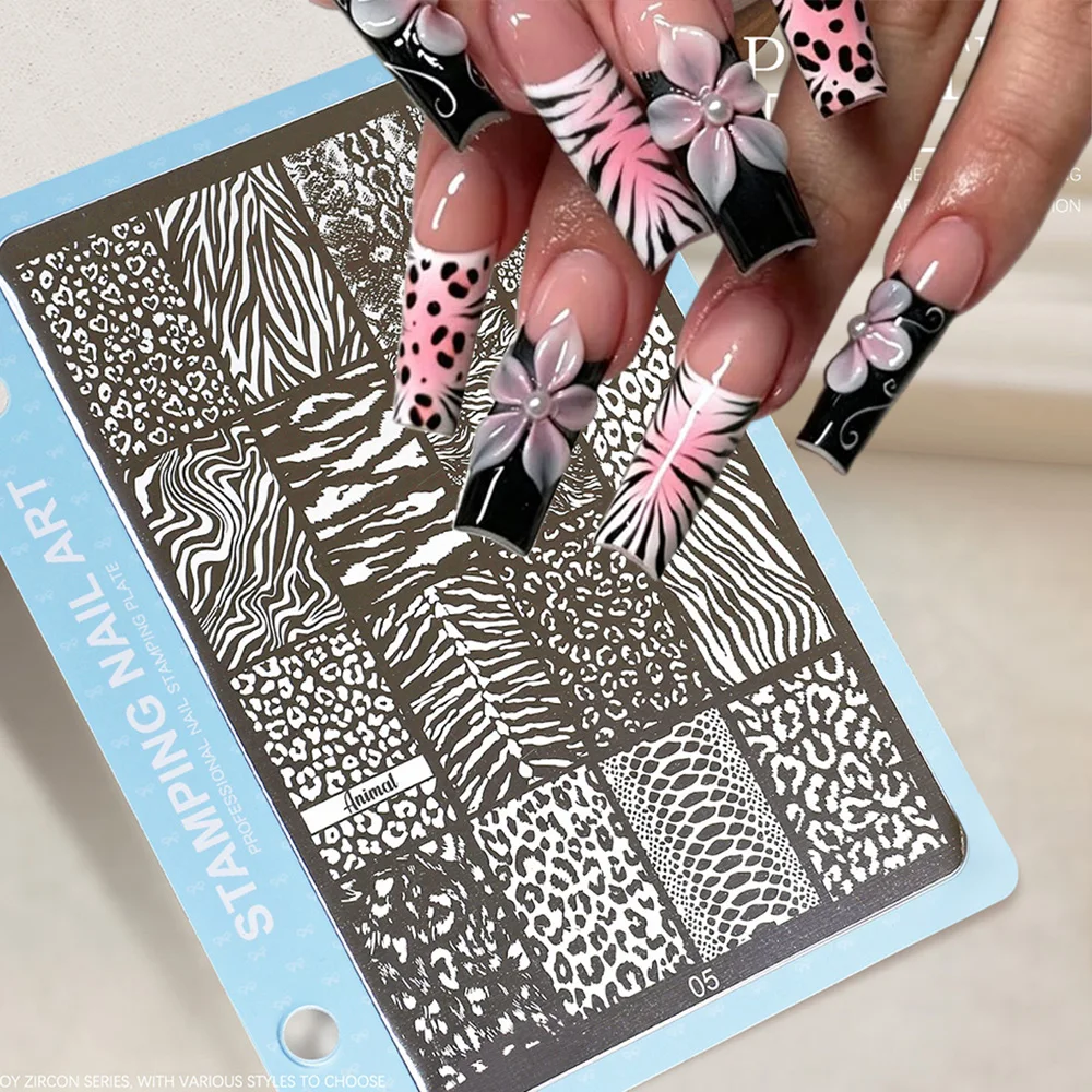 Animal Print Nail Stamping Plate Leopard Zebra Snake Cheetah Cow Safari Texture Y2K Wild Pattern Template Gel Acrylic Nails DIY