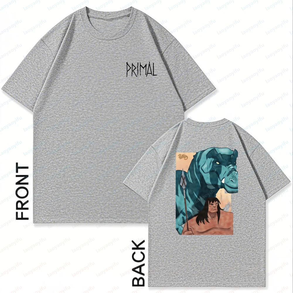 Primal-Dinosaur-and-Caveman-Print-Unisex-Cotton-T-Shirt-Summer-Anime-Otaku-Casual-Streetwear-Trendy-Graphic-Tee-Men's-Clothing