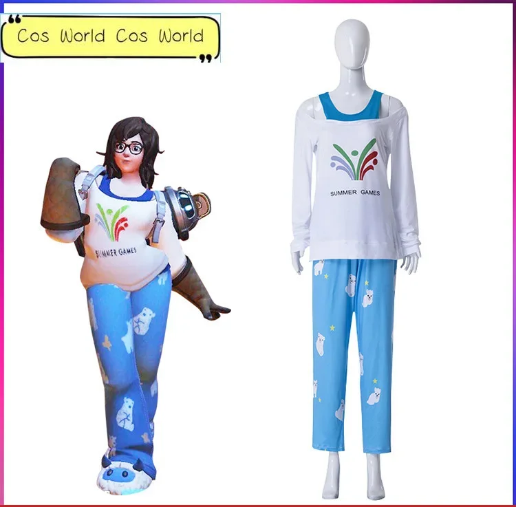 Game Overwatch Anime Cosplay Costume Mei Cos Clothing Polar Bear Long-Sleeved Cute Pajamas Full Set Blue Pajama Sets