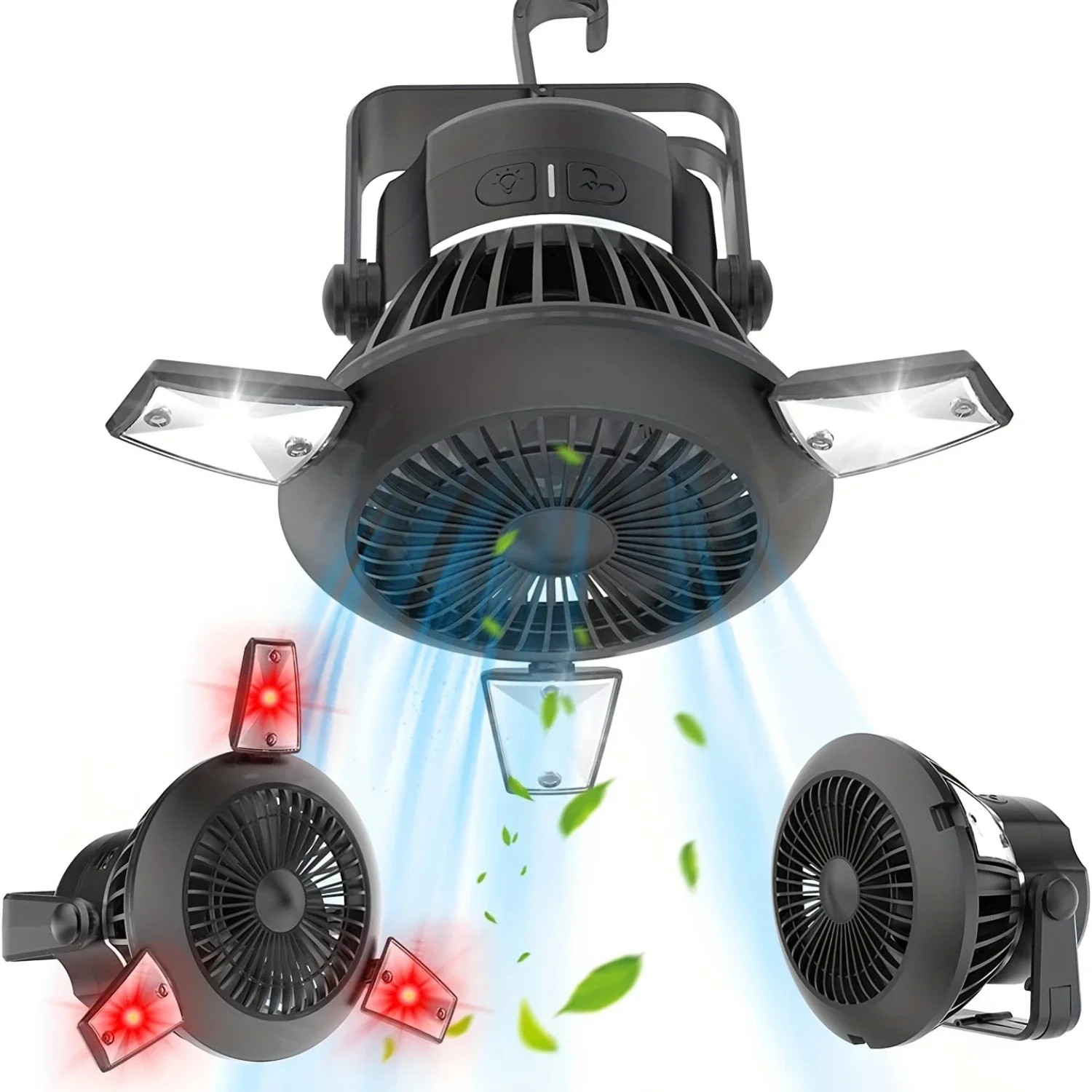 

Портативный солнечный вентилятор для кемпинга, 1 шт., светодиодный фонарь и подвесной крючок — перезаряжаемая батарея 4000 мАч для офиса, палатки и автомобиля — Pe