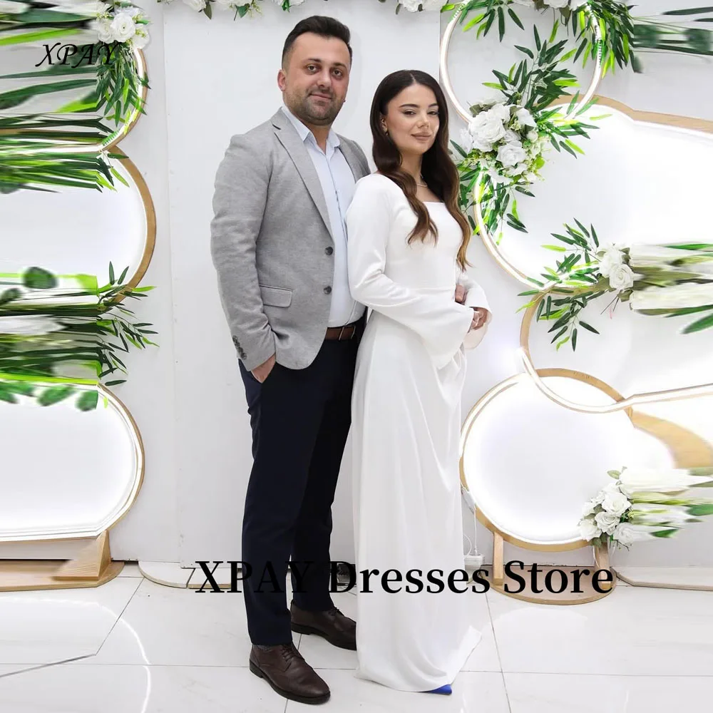 

XPAY Simple Sheath Dubai Wedding Dresses Long Sleeves Square Neck Silk Satin Arabic Bridal Gowns Formal Party Dress Customized