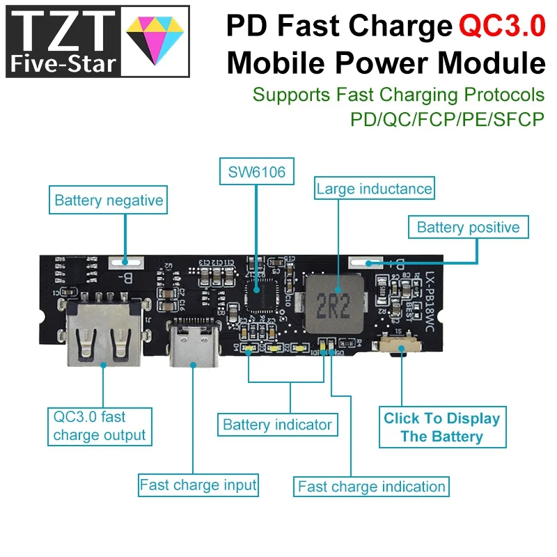 QC3.0 QC2.0 Dual USB 18W Type-C USB SW6106PD Fast Charge Mobile Power Bank 18650 Charging Module With Indicator