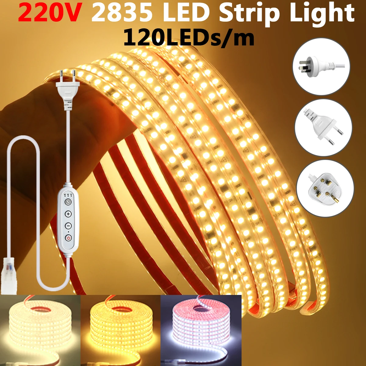220V Timing Dimmer 2835 LED Light Strip With EU AU UK Plug 120LEDs Warm Natural White IP67 Waterproof Cuttable Flex Tape 0.5-25m