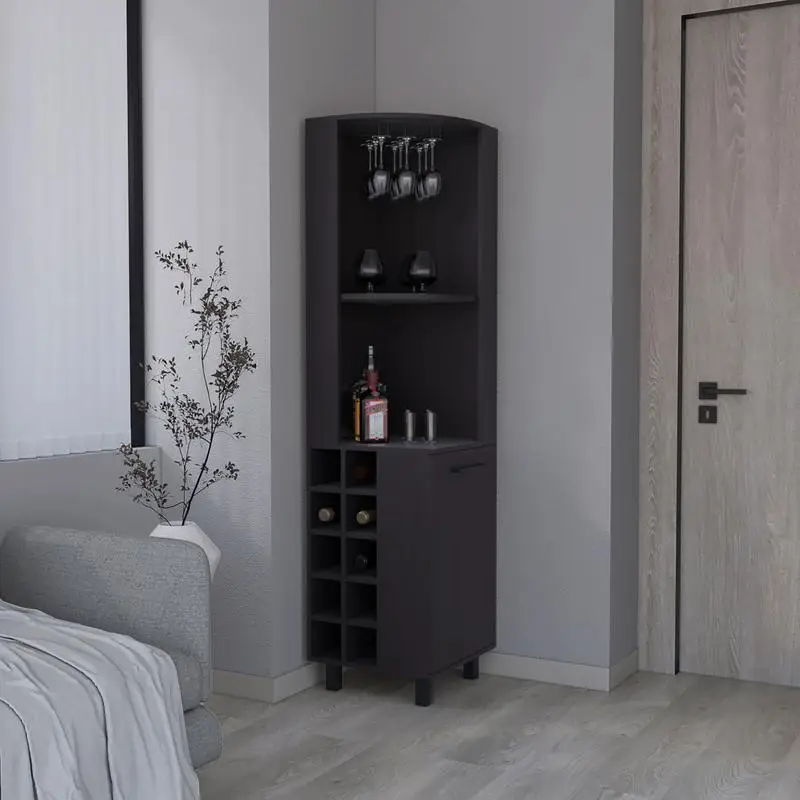 خزانة بار زاوية، باب واحد، 2 رفوف، 10 رفوف نبيذ، 2 رفوف تخزين داخلية، وحدة تخزين نبيذ أنيقة وعرض لـ