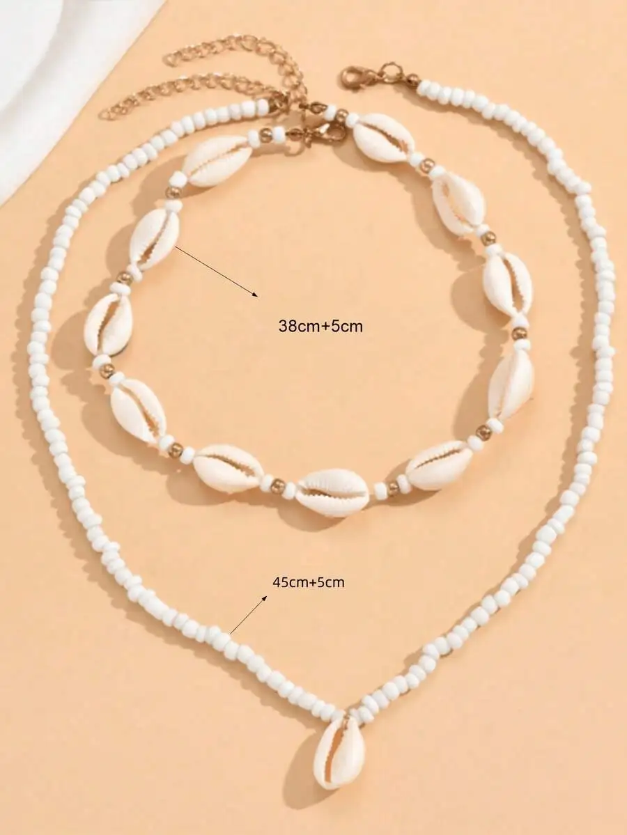 

2pcs Bohemian Beaded Shell Layered Necklace For Women