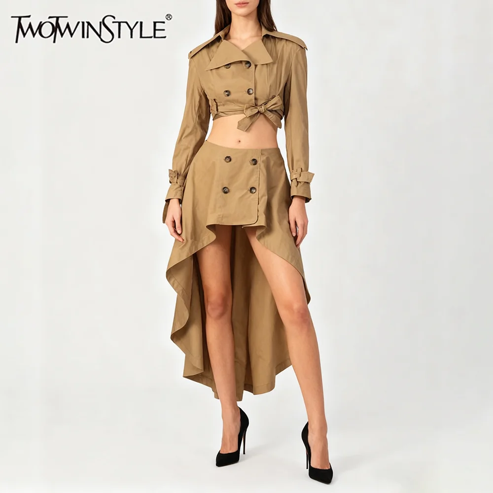 

TWOTWINSTYLE модные комплекты из двух предметов для женщин, комплект с длинными рукавами и лацканами на шнуровке, топ с высокой талией, нерегулярная юбка, женский новый комплект