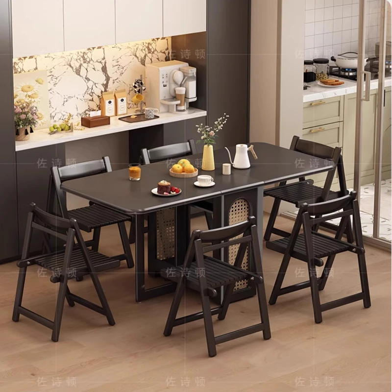 

Space Saving Black Dining Table Folding Wooden Kitchen Flower Family Dining Table Storage Thin Muebles Para El Hogar Furnitures