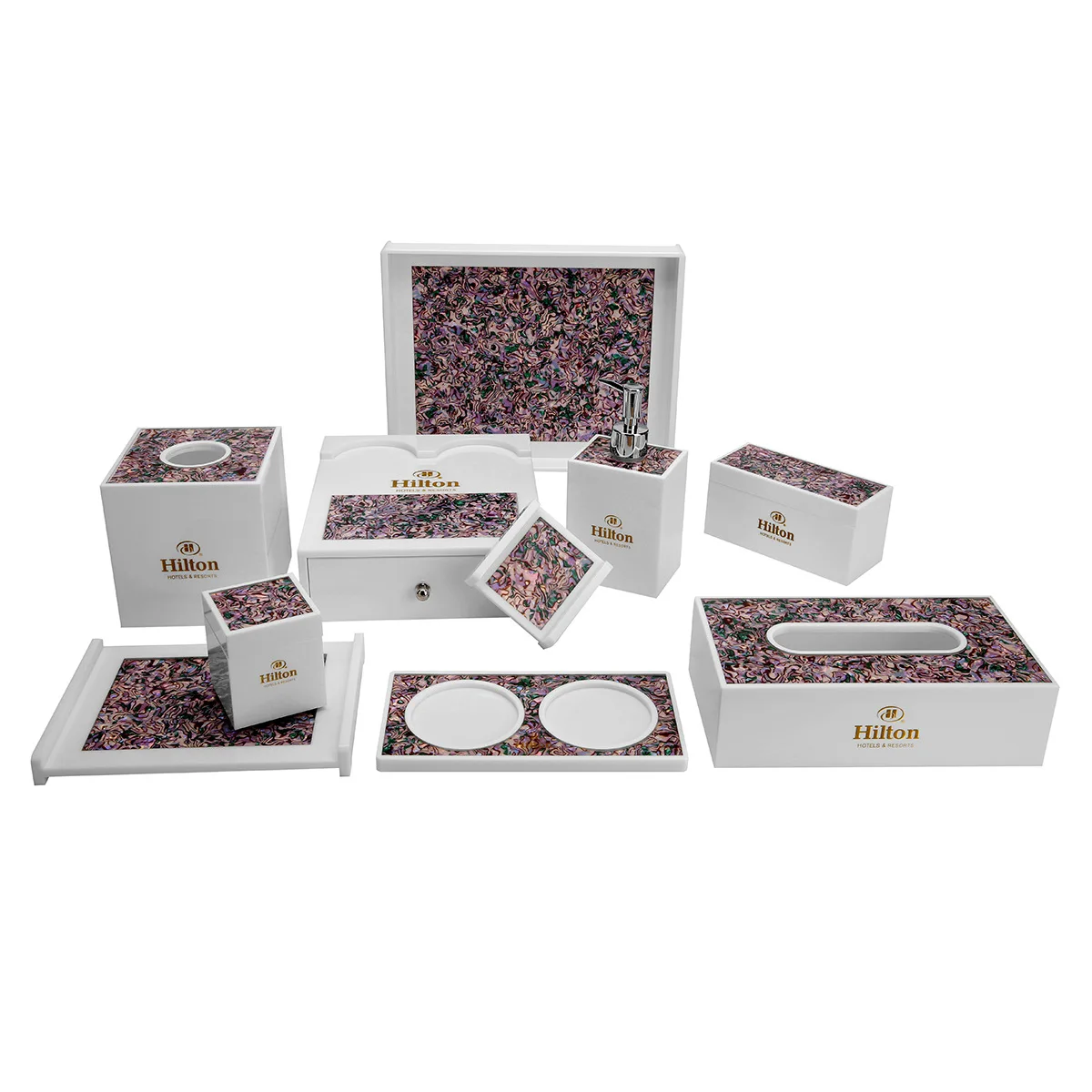 

SANHOO Popular Design Guest Bathroom Leather Hotel Supplies Kit Acrylic Shell Collection Leather Accessories Products Set