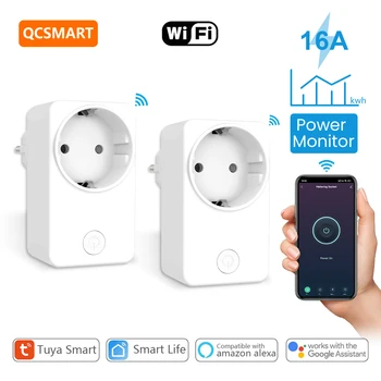 QCSMART 스마트 소켓, 와이파이 스마트 플러그 전원 콘센트, 알렉사 구글 어시스턴트 음성 제어, 투야 스마트 라이프 앱, EU 16A AC 230V