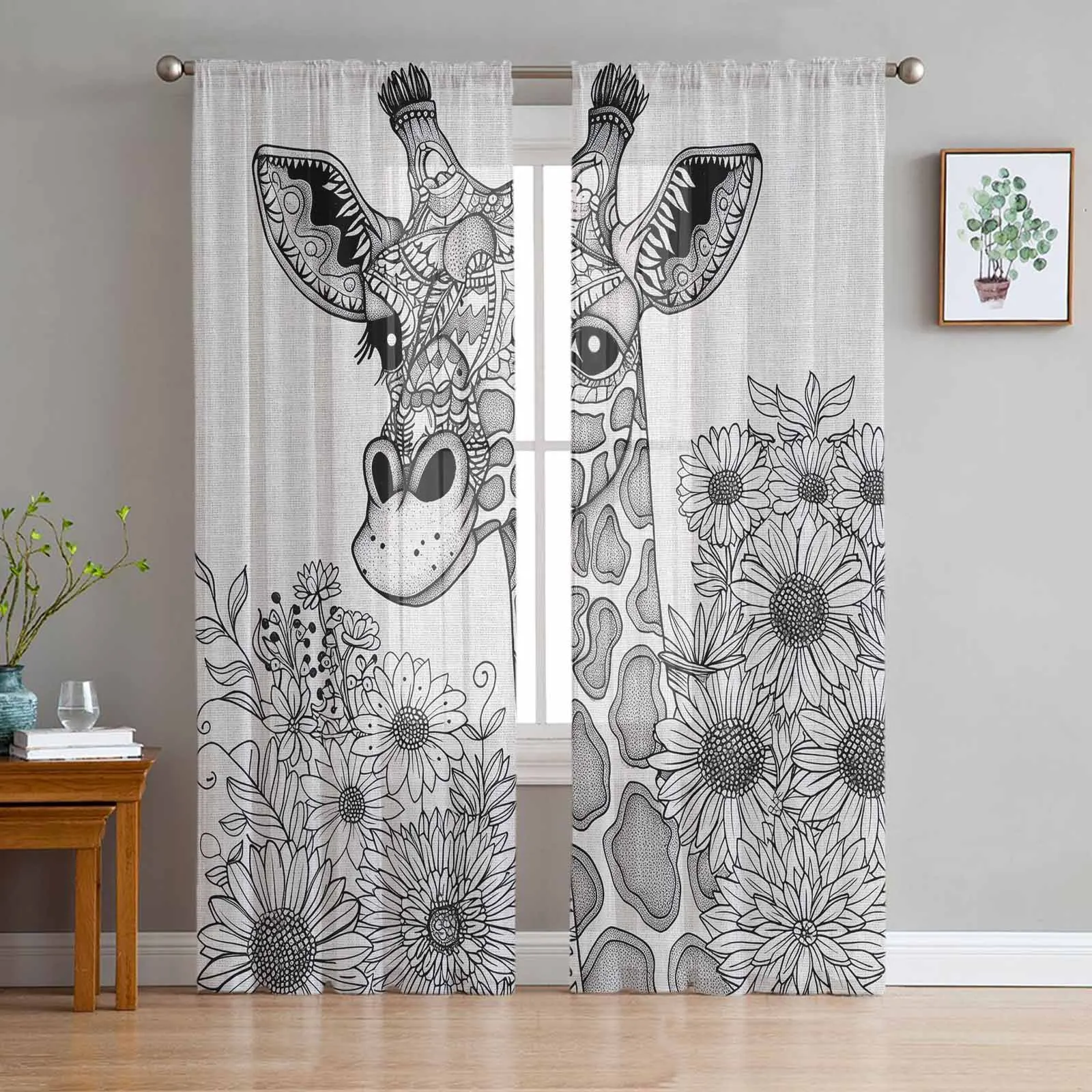 Giraffe Thread Sunflower Chiffon Sheer Curtains for Living Room Bedroom Home Decoration Window Voile Tulle Curtain Drapes