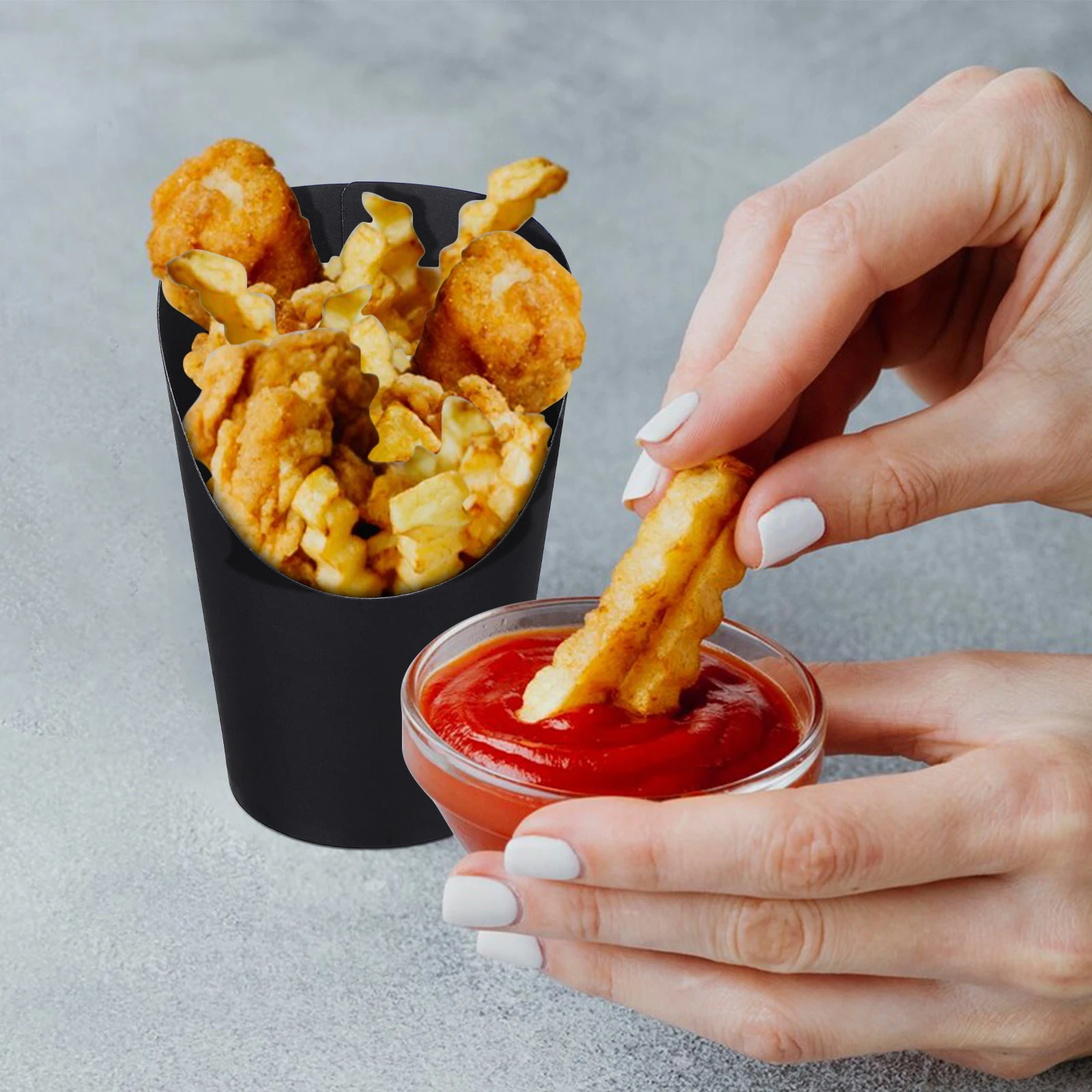 

100 Pcs Black Slanted French Fry Cups Disposable Paper Boxes Large Capacity Charcuterie Cake Tools Kitchen Bar Supplies