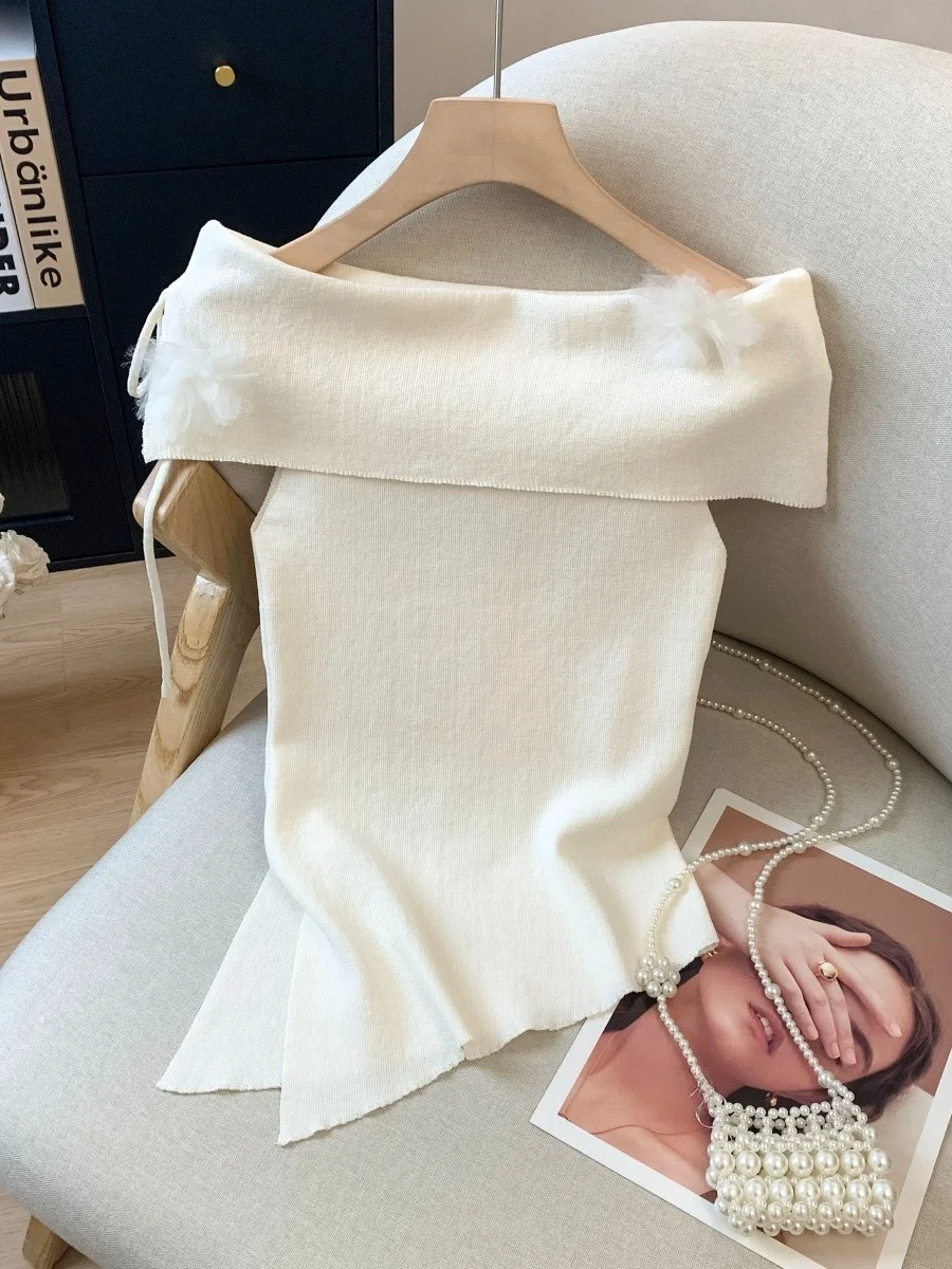 e Wit gebreide Dstring Slim Fit Svel-top met één schouder voor dames Zomer Casual comfortabel lichaam en gebreide kleding