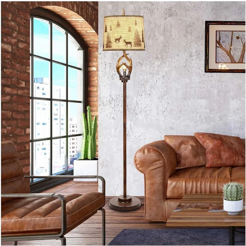 rustico antlers floor lamp com acabamento marrom farmhouse nightlight round shade lamps sala de estar quarto escritorio estudo casa 01