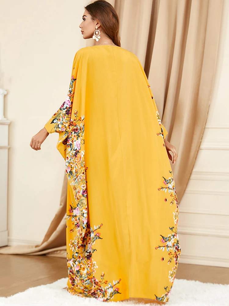 COLORFUL BLACK Middle Eastern Muslim Clothing Yellow Robe Bat Sleeves Loose Dress