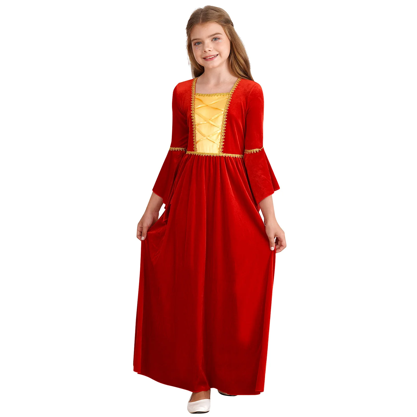 

Girls Halloween Party Cosplay Costume Kids Medieval Vintage Princess Dress Square Neck Long Flared Sleeve High Waist Long Dress