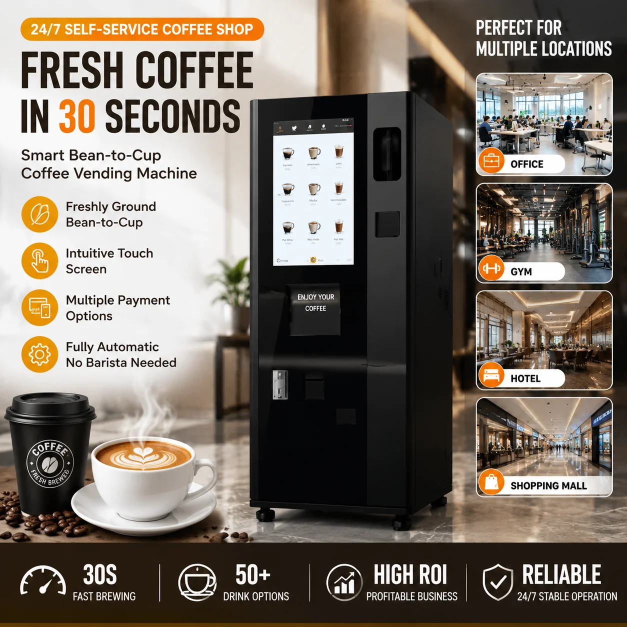 Automatic Coffee Vending Machine | Commercial Self Service Coffee Machine Bean to Cup System