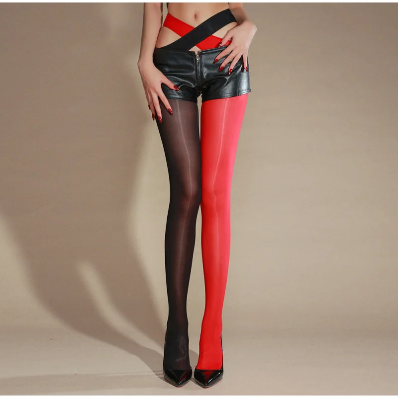 

Sexy Horse Oil Socks Cross Open Stockings 8d Shiny Pantyhose Ultra-thin Female Interest Temptation Black Silk Contrasting Colors