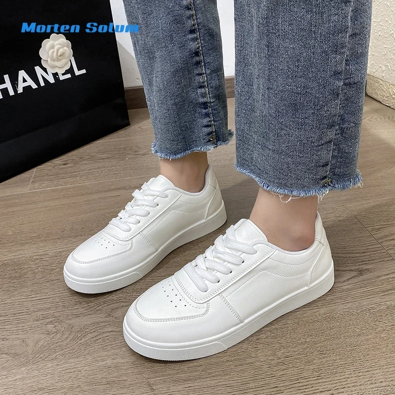 Desginer Women Sneakers Breathable Students Casual Sports Shoes Girl Flat Leather Pu White Shoes Woman Vulcanize Shoes Size 42