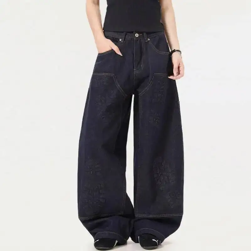 Niche Design Men's Jeans Three-dimensional Footprint Printing Solid Color Baggy Autumn All-match Male Denim Pants 9MAWM