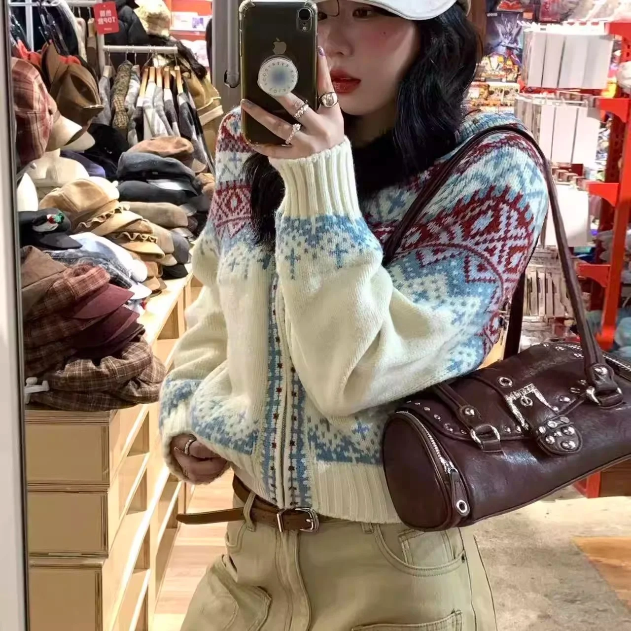 

Thi Cisas Hat Knitted Sweater Men Women Autumn Winter Beige Fair Isle Long Sve Knitwear Cardigan Outerwear