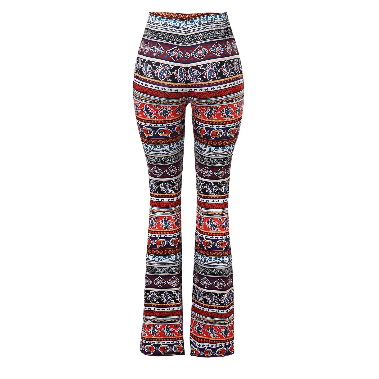 Ladies Print High Elastic Tight High Waist Flared Leggings Thin Casual Party Street Spring Straight Retro Floral Print Pants