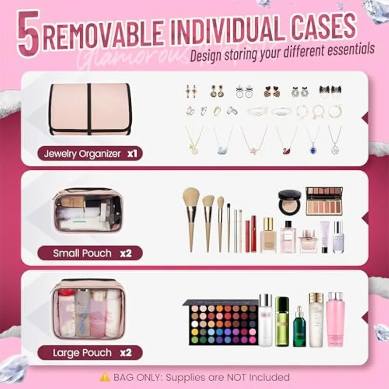Large Capacity Travel Makeup Bag with 4 Removable Boxes 1 Jewelry Organizer Pouch Multi-Purpose Outdoor Travel Storage Bag
