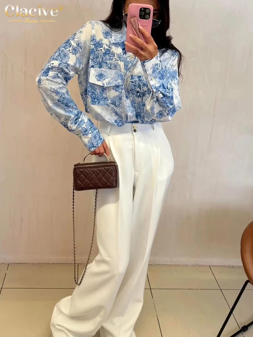 Clacive Fashion Loose Print Women's Blouse 2025 Vintage Lapel Long Sleeve Shirt Elegant Classic Pockets Top Female Clothing