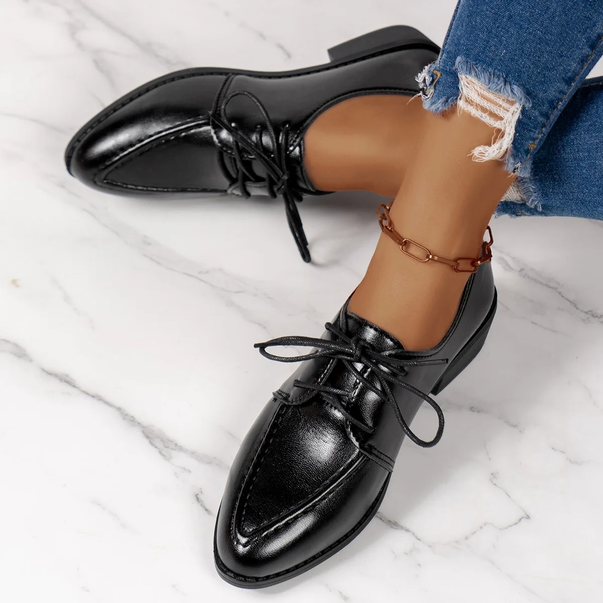 Elegant Patent Leather Dress Shoes for Women  Spring Summer Fashion Pointed Toe Thick Heels Single Shoes Plus Size 43