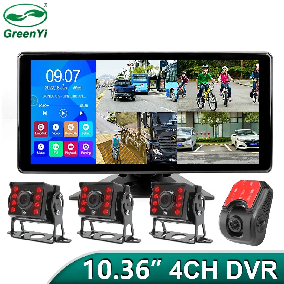 GreenYi 10.36 Inch 4 Ch Split Screen Truck Bus MP5 DVR Recording Monitor With AHD 1080P Camera For RVs/Truck/Bus/Pickups/Trailer