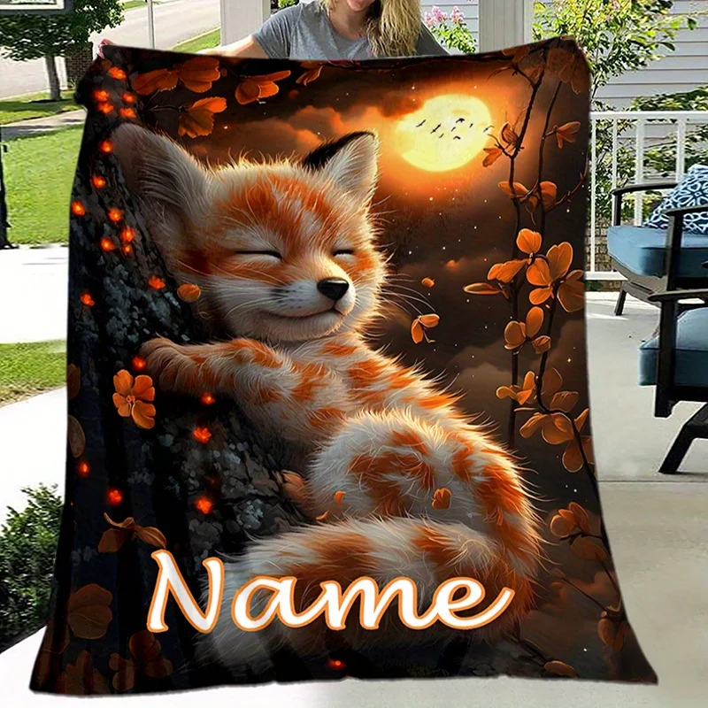 Custom name sleeping fox flannel blanket, suitable for sofa, bed, birthdays, children, friends, gifts