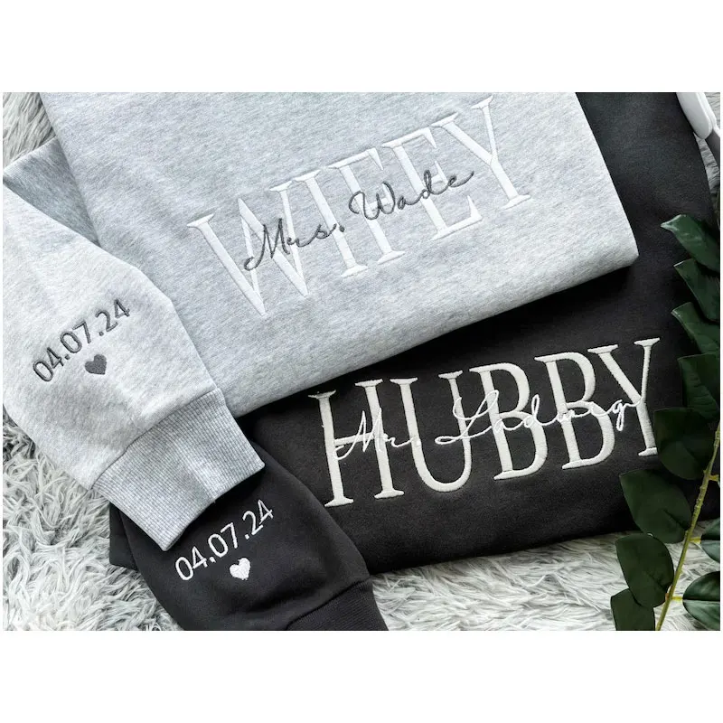 Unisex Custom Last Name Embroidered Sweatshirts Personalized Wifey Hubby Cotton Sweatshirt Engagement Bridal Crewneck Shirts New