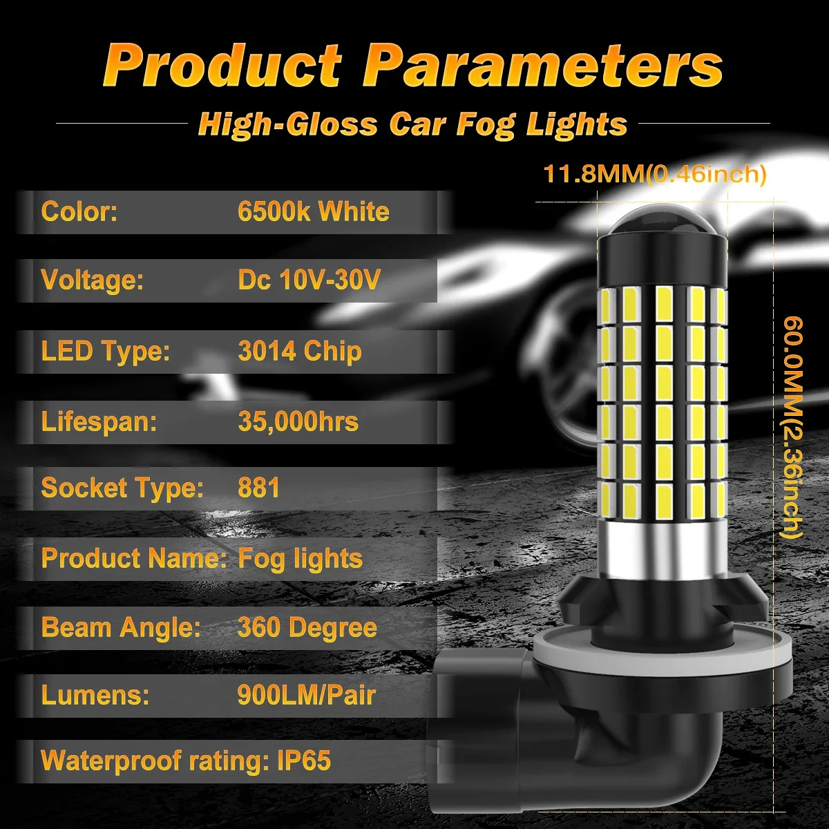 50pcs 881 H27W/2 H27 LED Headlight Bulbs No Error Code Anti-Flicker 3000Lm DC 12V 6000K CSP Chips Dustproof Shockproof EMC Ready